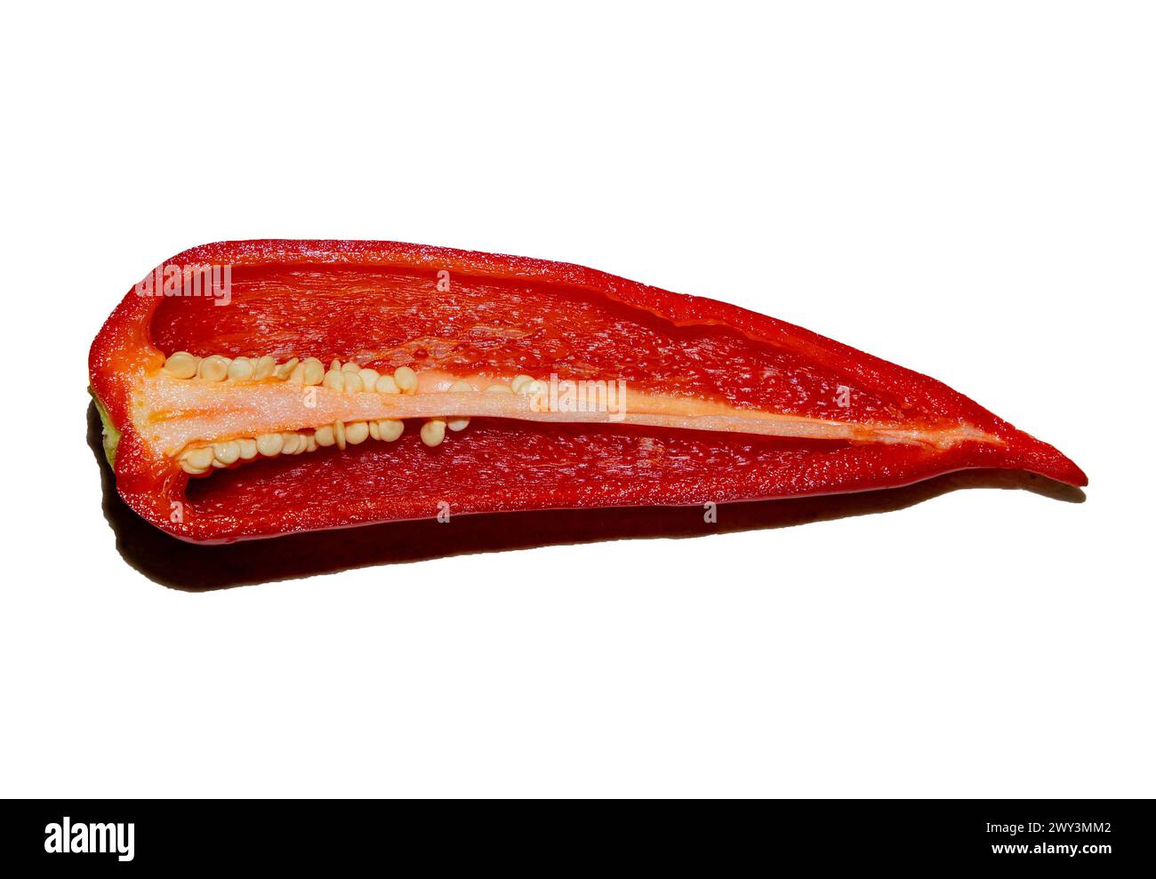 A red kapia pepper cut in two on a white background Stock Photo