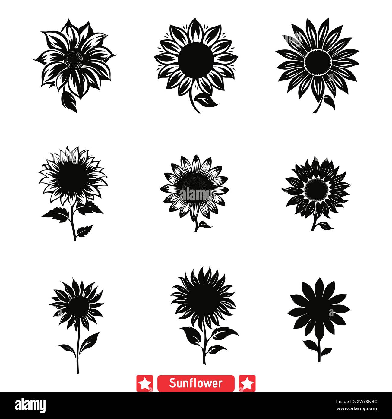Petals of Joy Whimsical Sunflower Vector Silhouette Selection Stock