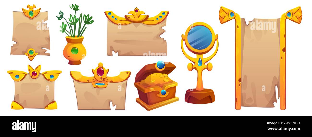 Egyptian game ui frames and assets. Cartoon vector set of ancient Egypt papyrus scroll and parchment with golden and gemstone decorative elements, chest with gold treasure, mirror and plant in vase. Stock Vector