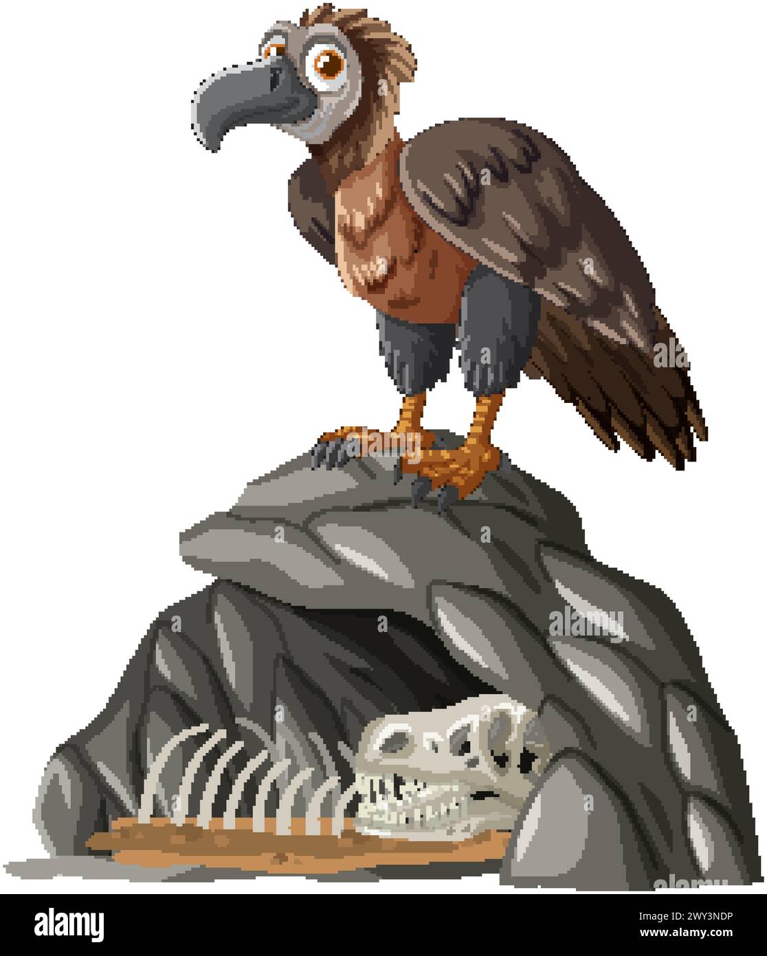 Illustration of a vulture atop rocks with bones Stock Vector