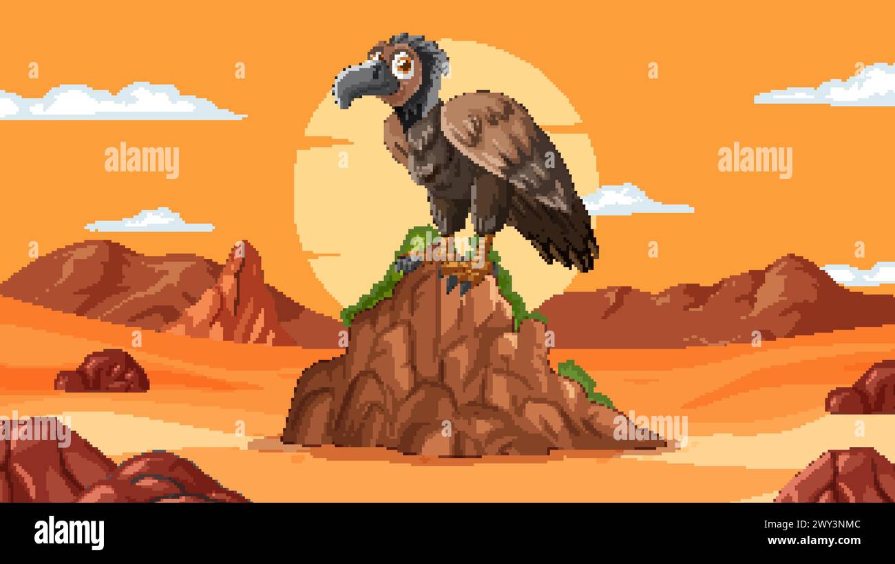 Cartoon vulture on a rock in desert setting Stock Vector