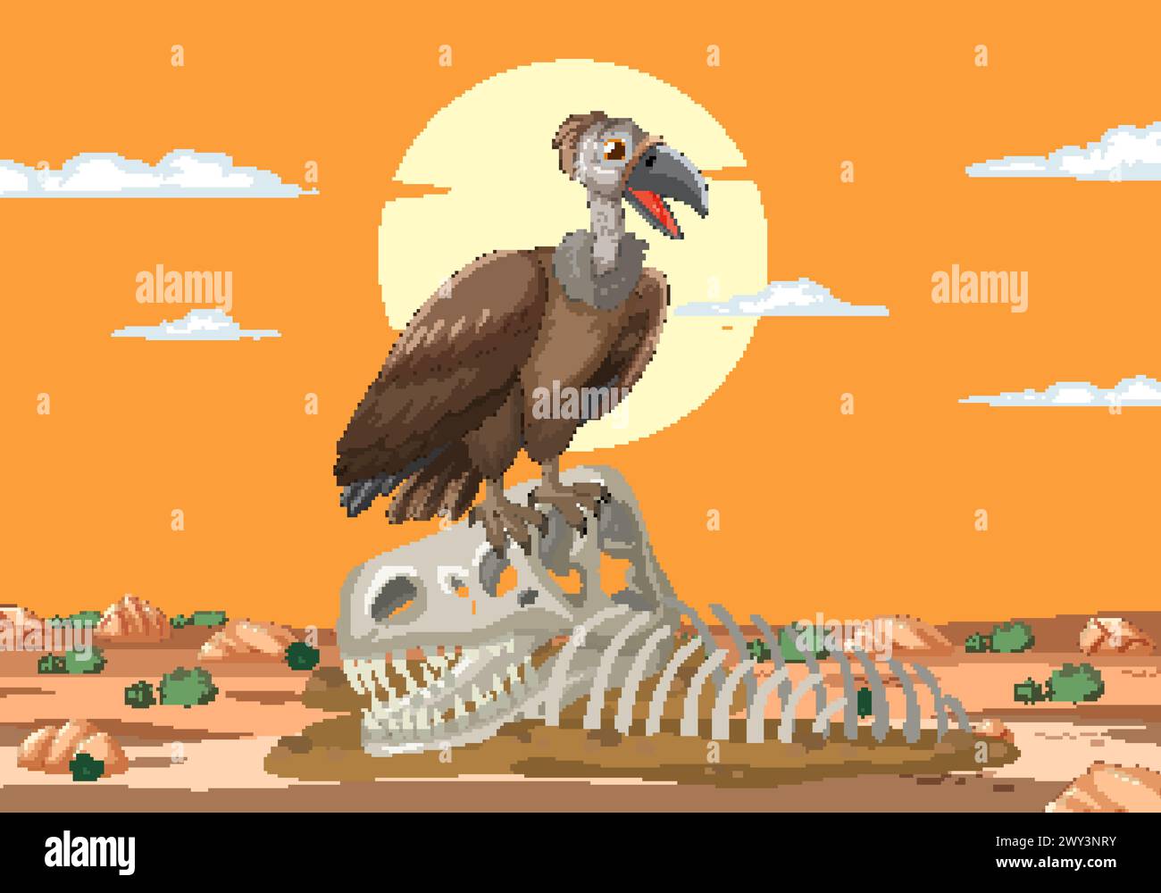 Illustration of a vulture atop animal remains in desert Stock Vector