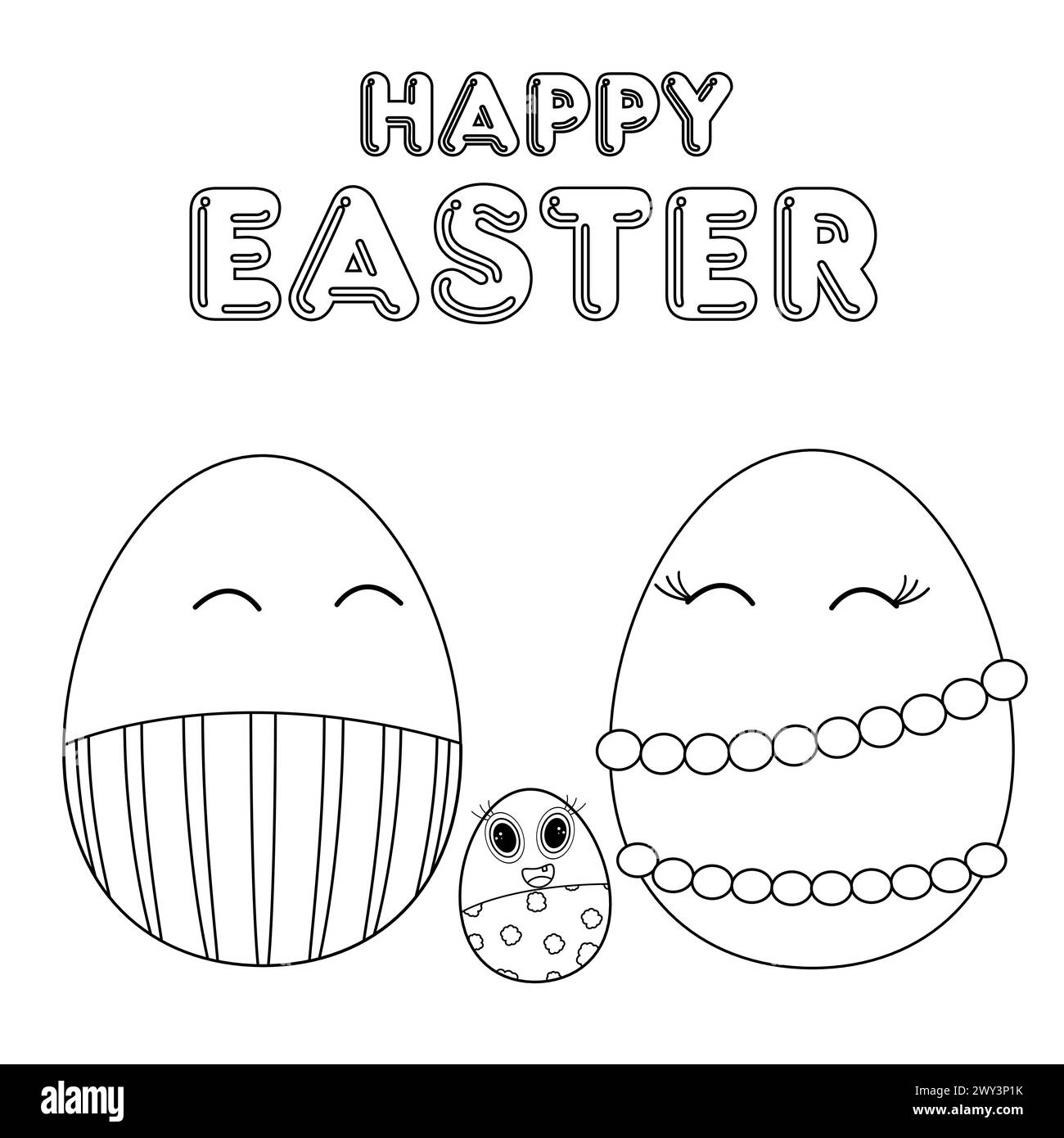 A happy anthropomorphic family of Easter eggs. Dad, mom, baby. Picture with the text - Happy Easter. Vector black and white drawing Stock Vector