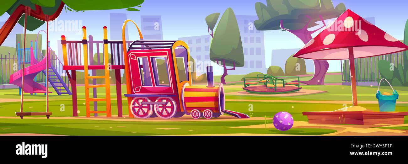 Playground in morning summer city park. Vector cartoon illustration of town district with apartment buildings and trees, swing, carousel, wooden train and toys in sandbox, green lawn, blue sunny sky Stock Vector