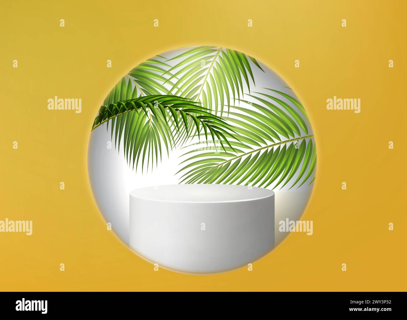 3d summer cosmetic product display podium scene. White platform with palm leaf view in window minimal mockup. Yellow realistic abstract mock up template for tropical advertising or travel presentation Stock Vector
