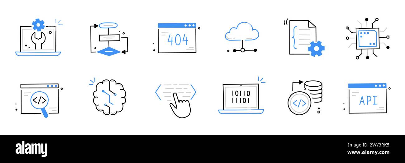 Software code icon doodle set. Hand drawn line sketch software coding doodle. Computer program build technology, data operate, application product test icon. Program build vector illustration Stock Vector