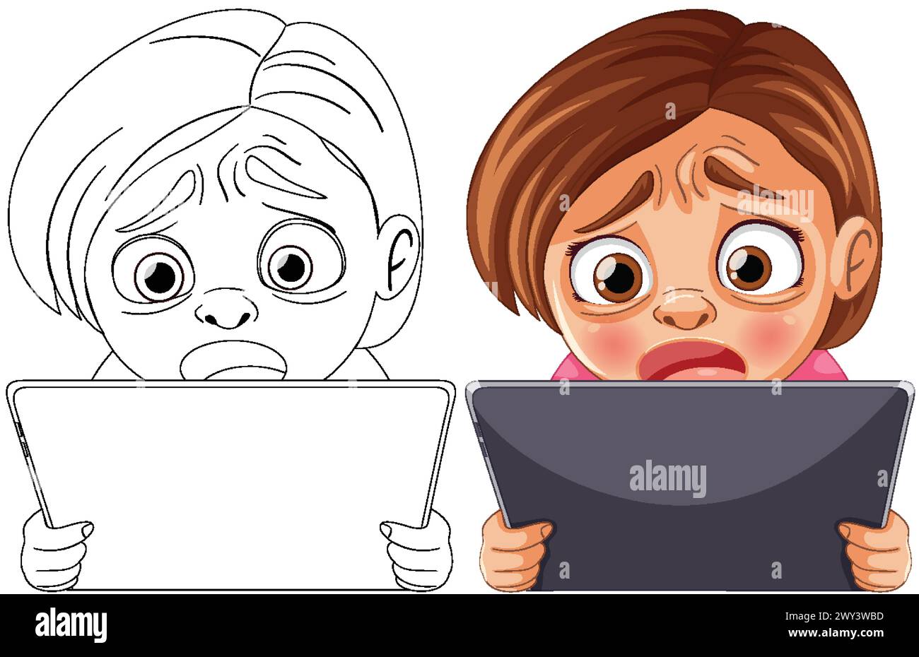 Two cartoon children looking shocked at their screens. Stock Vector