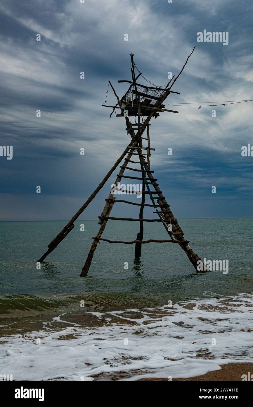 Traditional fishery. Ancient Greeks built such towers in north of Black Sea and were called Thynoscopus. Towers designed to monitor approach of flocks Stock Photo