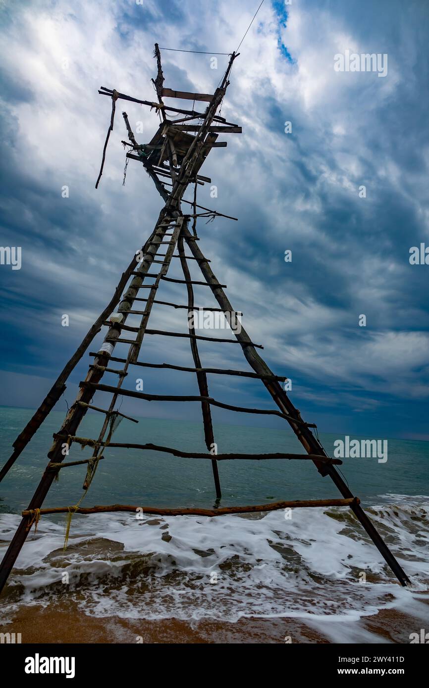 Traditional fishery. Ancient Greeks built such towers in north of Black Sea and were called Thynoscopus. Towers designed to monitor approach of flocks Stock Photo