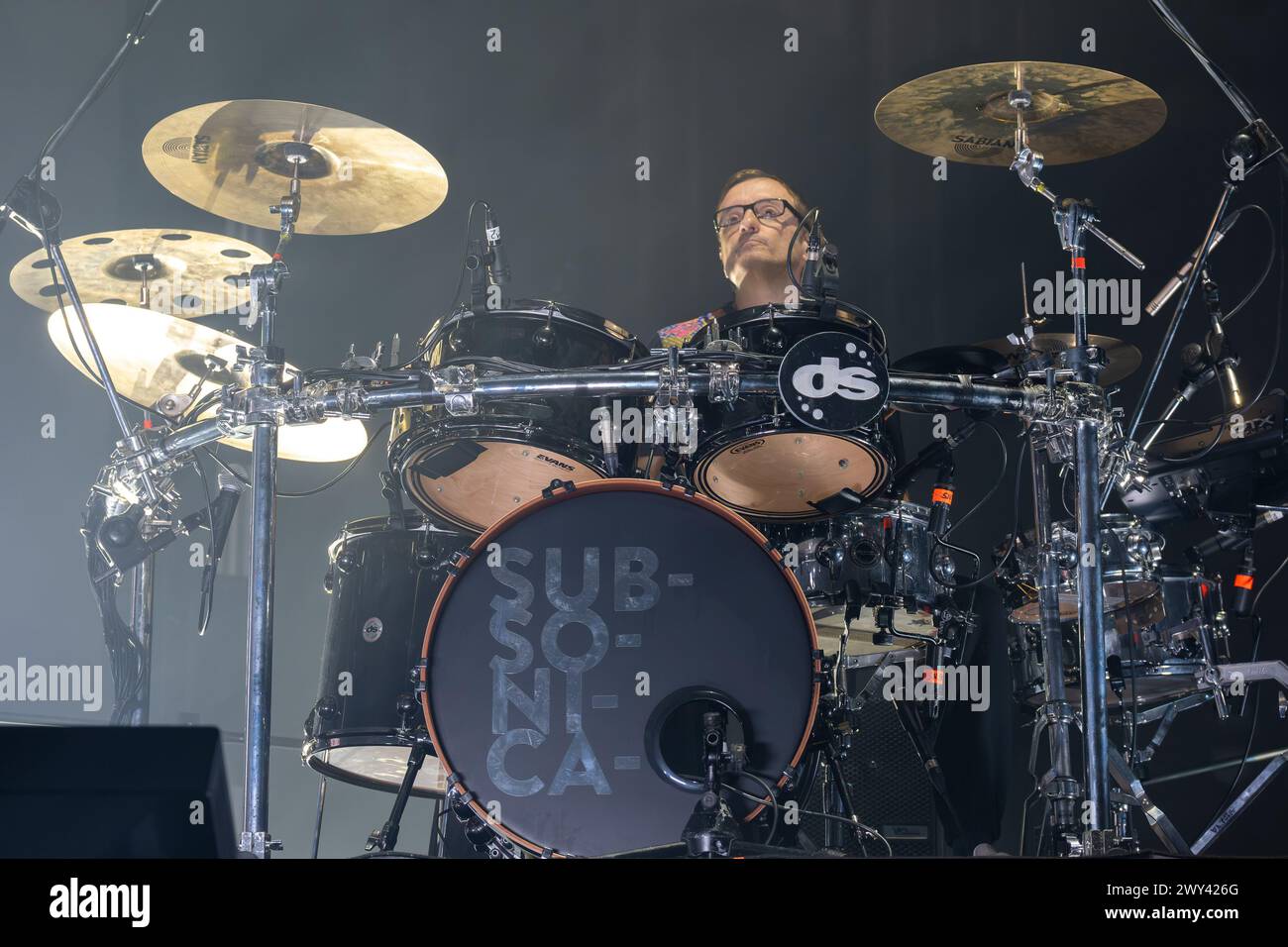 Ninja, stage name of Enrico Matta, is playing the drums during the ...