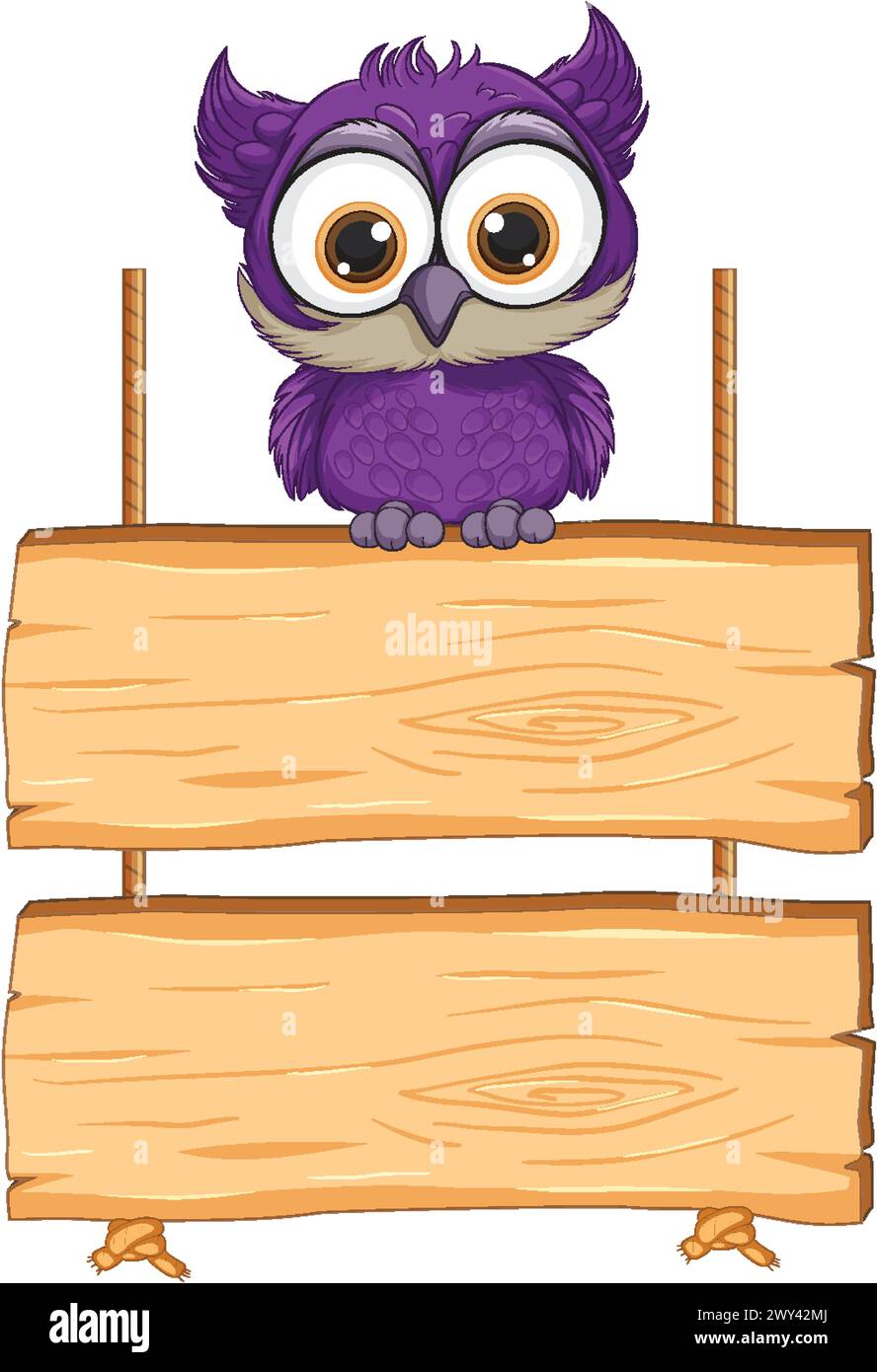 Adorable purple owl perched on empty signboards. Stock Vector