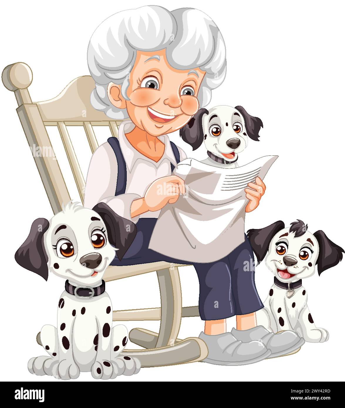 Elderly woman enjoys reading with three cute dogs. Stock Vector