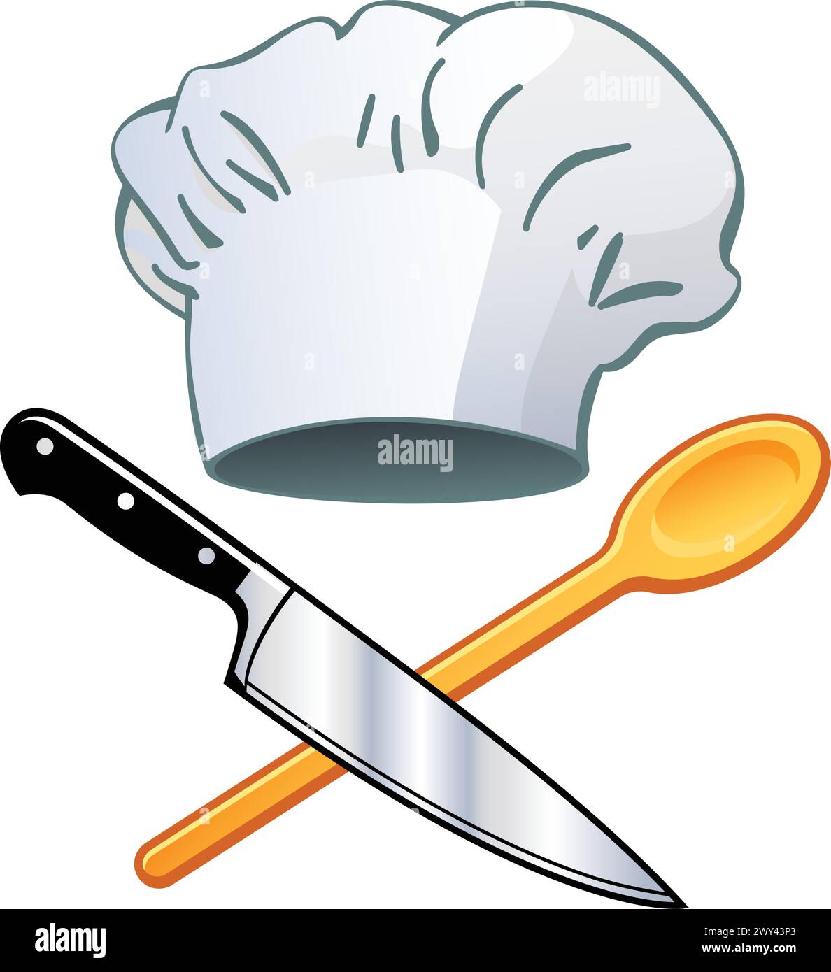 cartoon chefs hat toque blanche and wooden spoon and knife cooking baking items elements vector isolated on transparent background Stock Vector