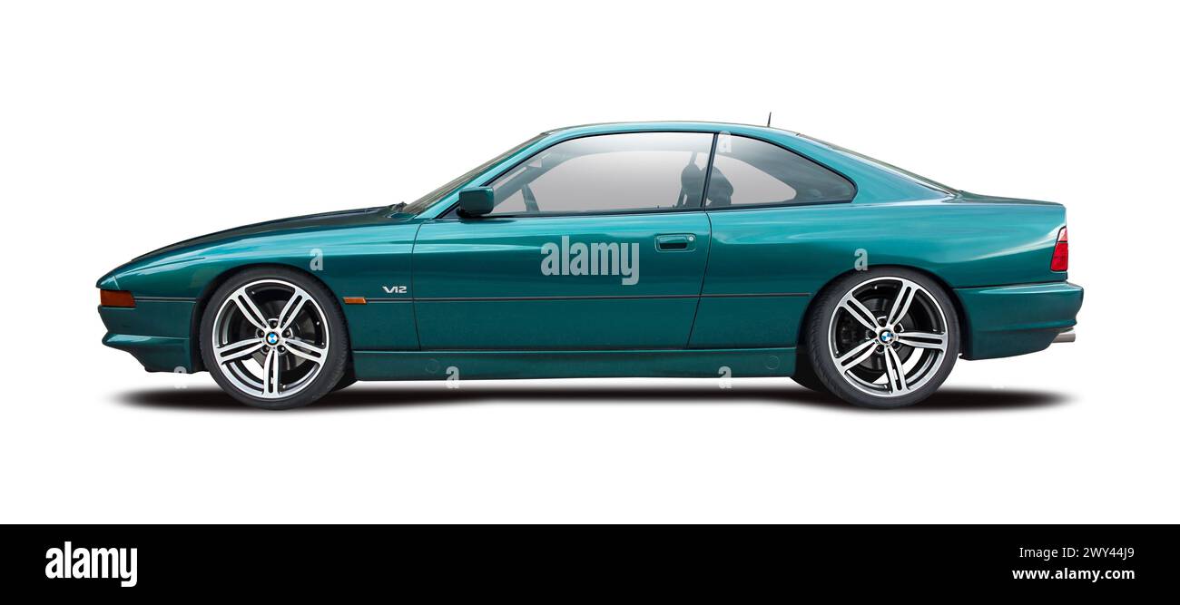 BMW series 8 sport coupe executive car side view isolated on white background Stock Photo