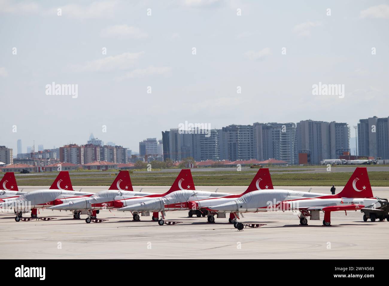 Istanbul, Atatürk Airport, Turkey- 28.04.2023 Türk yıldızları (English:Turkish stars). Turkish air force demonstration or aerobatic team. Planes. Stock Photo