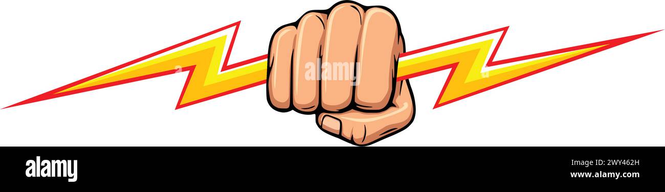 zeus hand fist front view holding yellow lightning bolt rod illustration vector isolated on transparent background Stock Vector