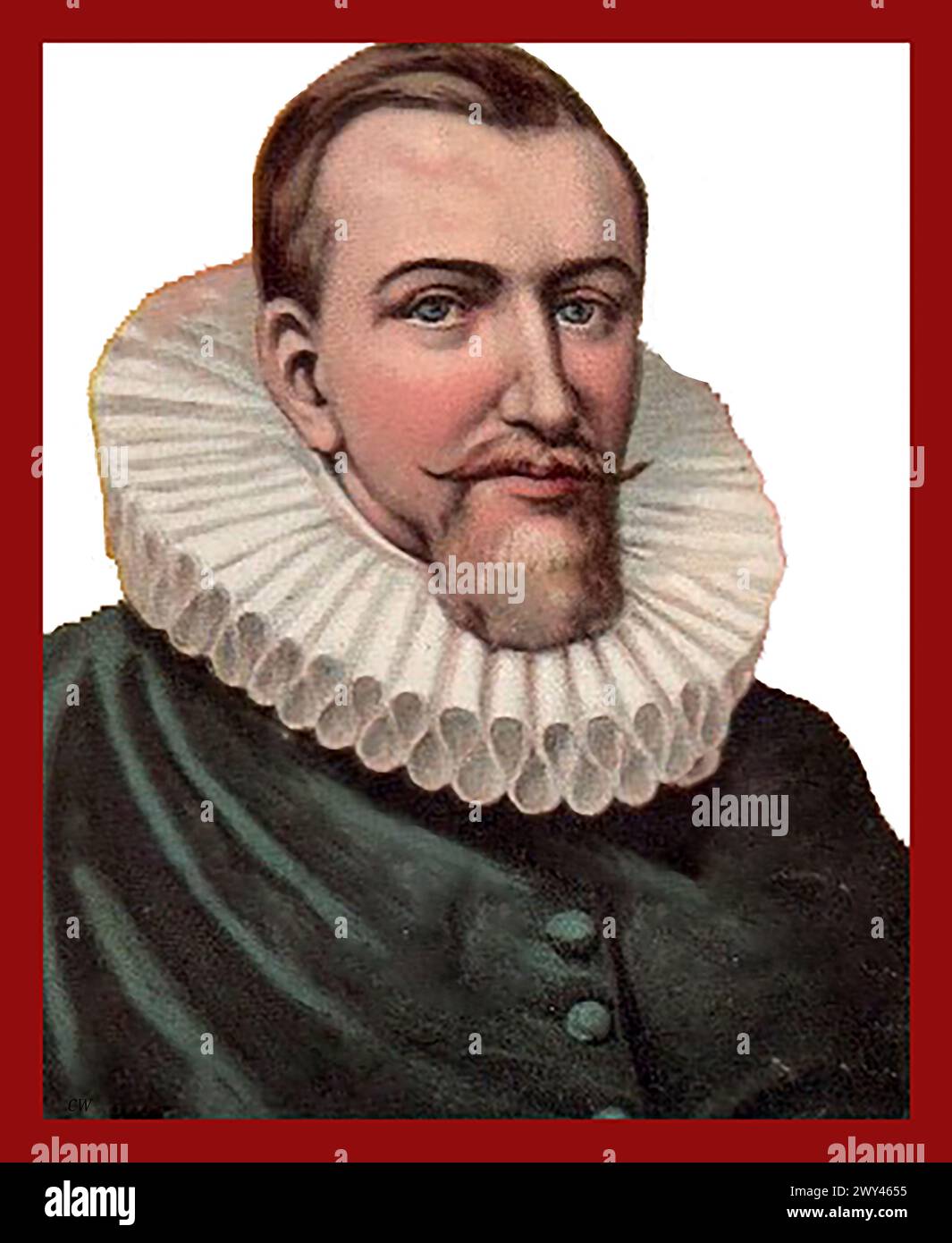 A colour Portrait of early English explorer (William?) Henry Hudson (C1565 – C1611) wearing a ruff .  He was an English   sea explorer and navigator during the early 17th century and is  best known for his explorations of present-day Canada and   north- eastern United States and his search for a rumoured Northeast Passage to Cathay (China) via a route above the Arctic Circle. working for the Dutch East India Company - Een kleurenportret van de vroege Engelse zeeverkenner Henry Hudson (C1565 - C1611) met een kraag, die werkte voor de Verenigde Oost-Indische Compagnie. Stock Photo