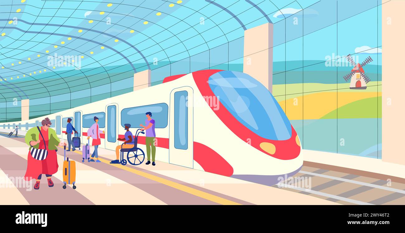 Overground metro station. Train on an open platform with passengers ...