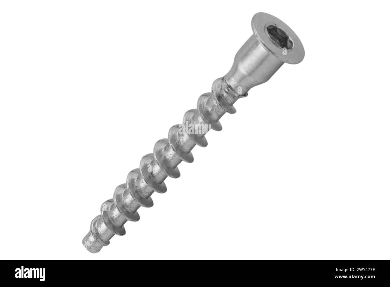 Screw  isolated on white backgroun. Macro shot metal self-tapping screw. Chromed screw bolt isolated. Nuts and bolts. Tools for work. Stock Photo