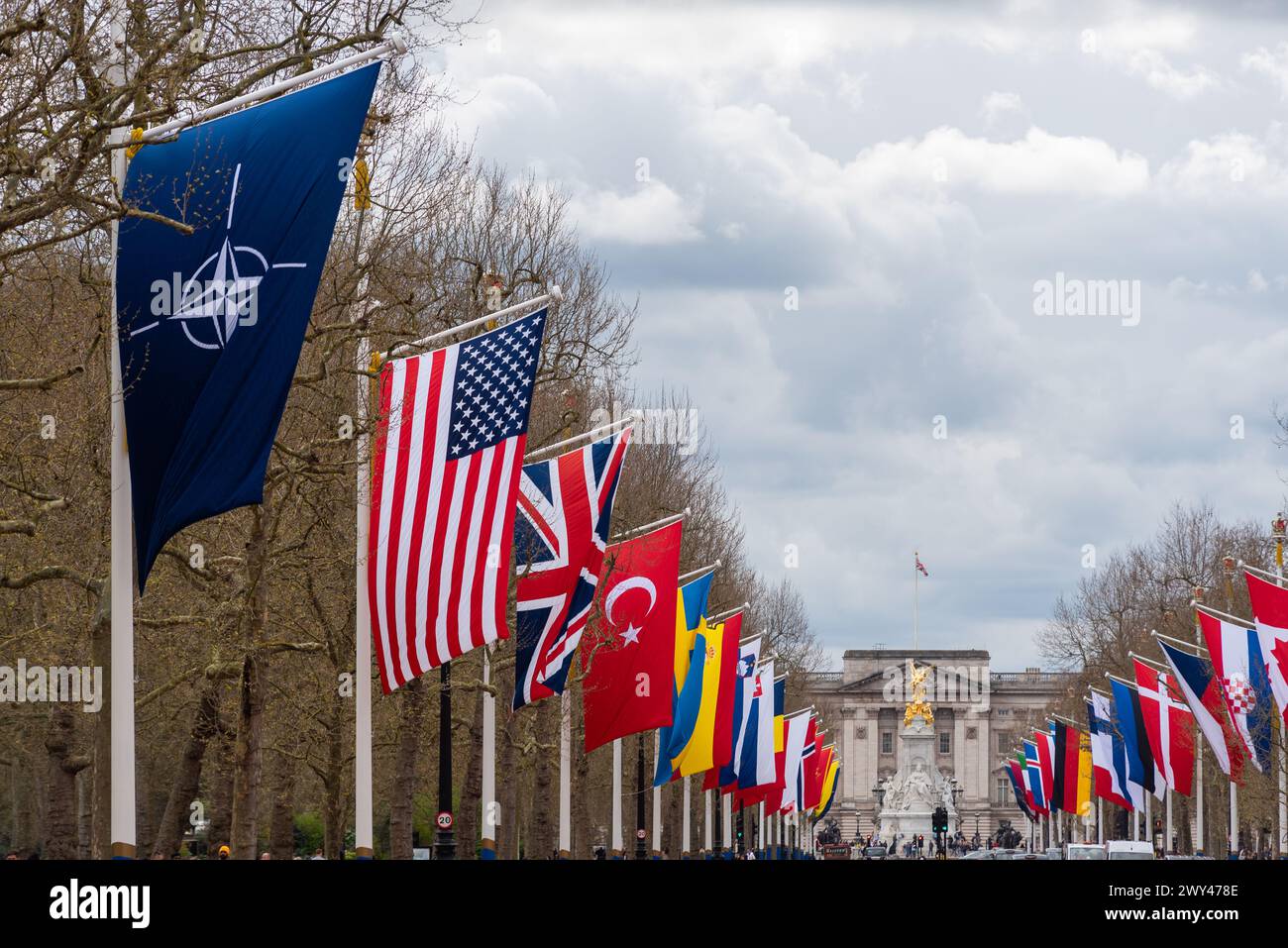 NATO 75th anniversary flags celebration in The Mall, London, UK. Flags ...