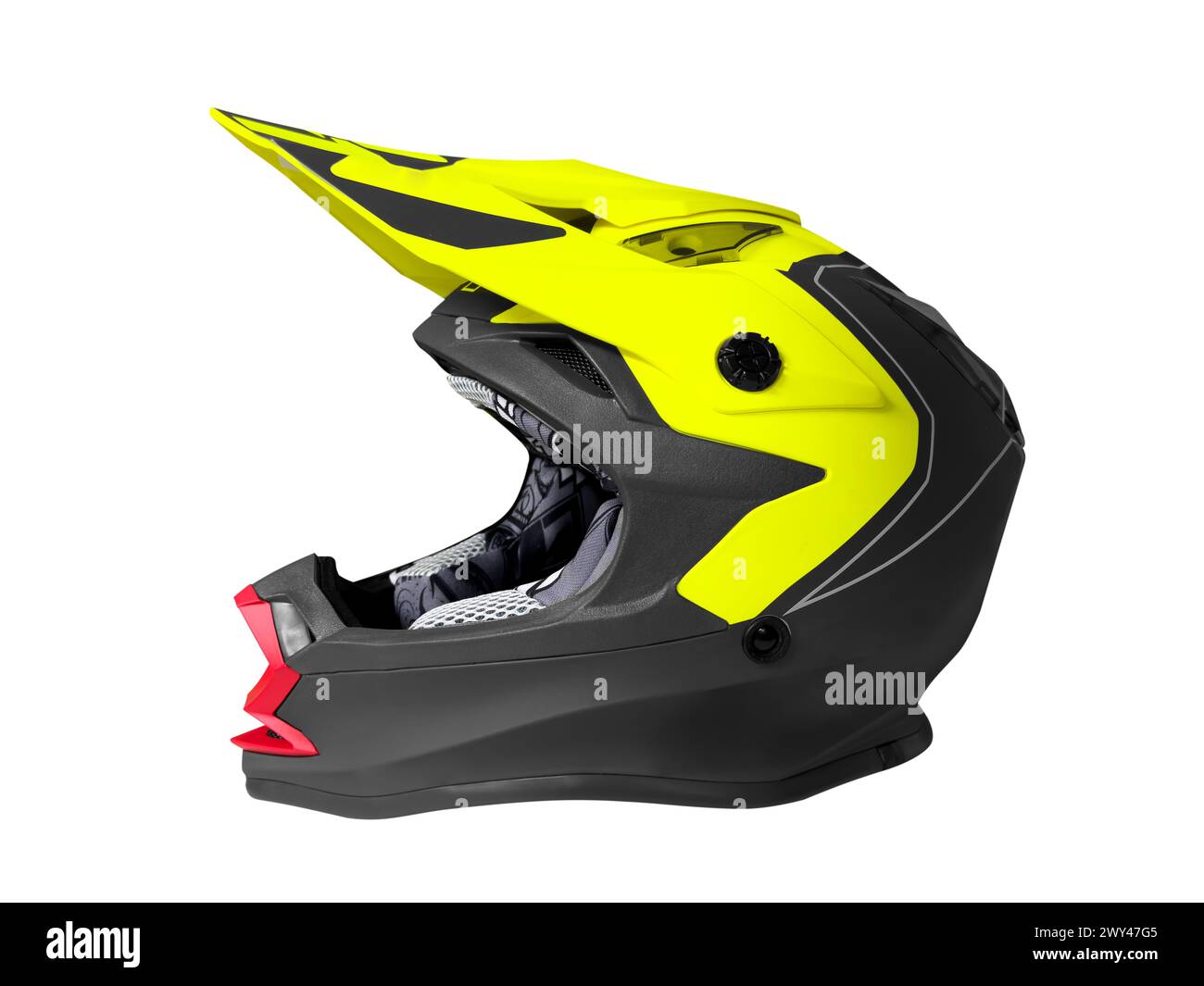 Offroad motocross helmet isolated on white background. Side view of full face color helmet for downhill mountain bike racing. Extreme sport equipment Stock Photo