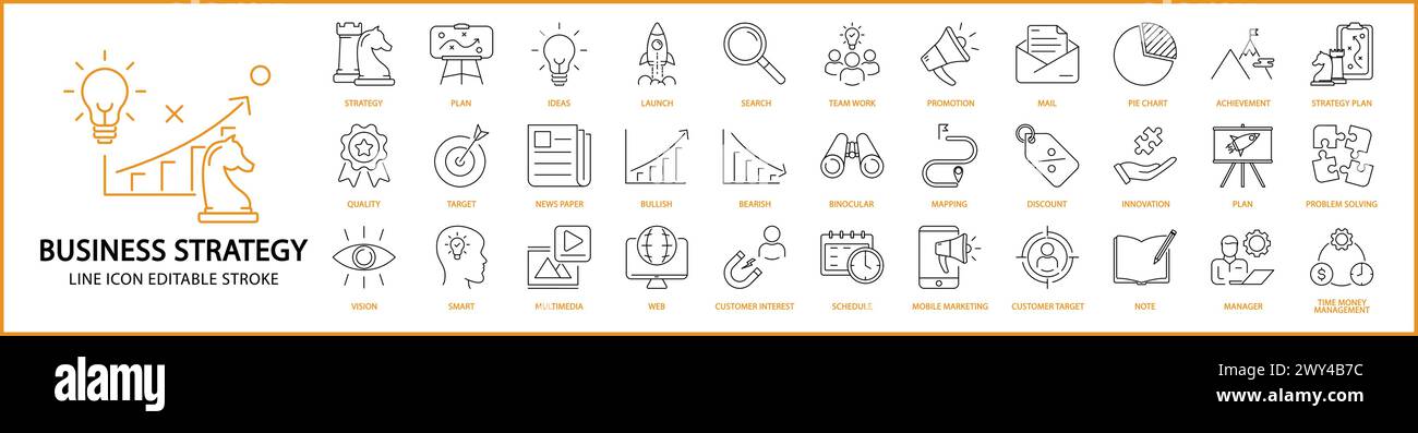 Business strategy icons. Business strategy icon set. Business strategy line icons. Vector illustration. Editable stroke. Stock Vector