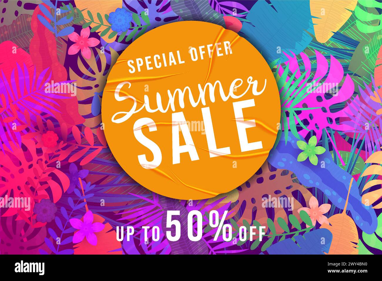 Summer Sale Template background colorful tropical plants, flowers and ...