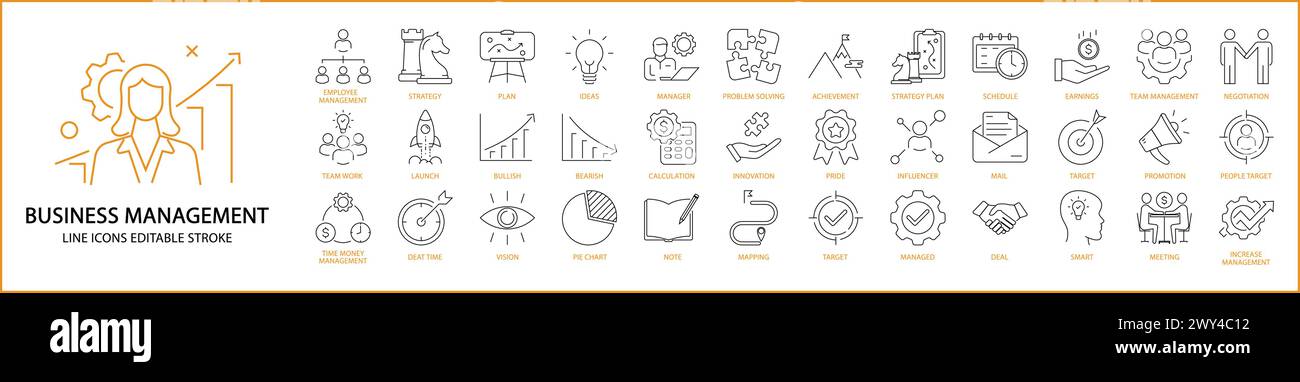 Business Management icons. Business management icon set. Business management line icons. Vector illustration. Editable stroke. Stock Vector