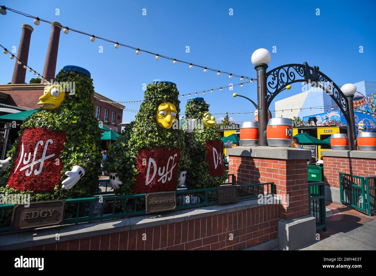 Entrance to Duff Brewery Beer Garden in Springfield, Home of the Simpsons - Universal Studios Hollywood, Los Angeles, California Stock Photo