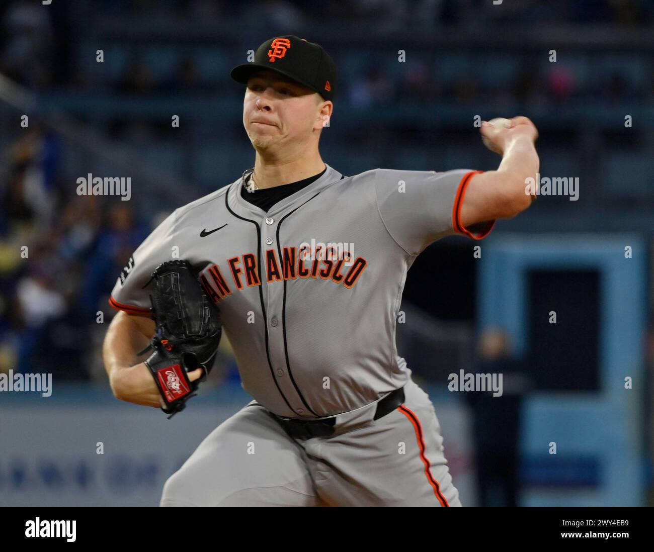 Los Angeles, United States. 03rd Apr, 2024. San Francisco Giants starting pitcher Kyle Harrison winds up to deliver against the Los Angeles Dodgers during the second inning at Dodger Stadium in Los Angeles on Wednesday April 3, 2024. Photo by Jim Ruymen/UPI Credit: UPI/Alamy Live News Stock Photo