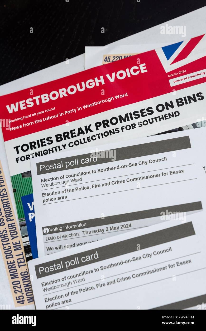 Southend on Sea, Essex, UK. 4th Apr, 2024. Postal poll cards & party leaflets are arriving through letterboxes for the 2024 local elections for councils and mayors in England, and police and crime commissioners in England and Wales which take place on Thursday 2 May 2024. Following the 2023 council elections Southend on Sea City Council with no party in overall control the Conservatives formed a minority administration with support of independent councillors, taking over from a similar arrangement from a Labour administration following the 2022 elections Stock Photo