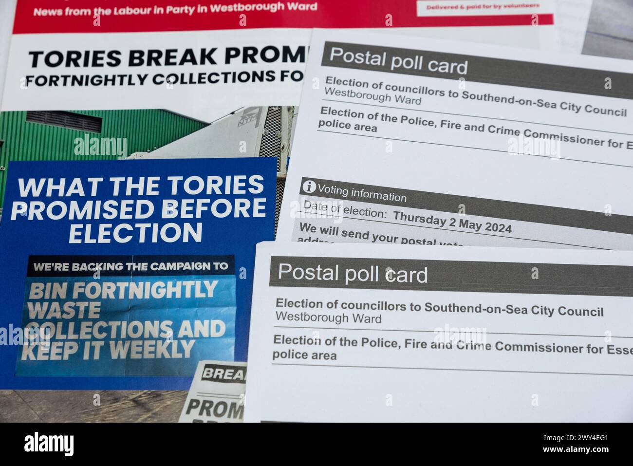Southend on Sea, Essex, UK. 4th Apr, 2024. Postal poll cards & party leaflets are arriving through letterboxes for the 2024 local elections for councils and mayors in England, and police and crime commissioners in England and Wales which take place on Thursday 2 May 2024. Following the 2023 council elections Southend on Sea City Council with no party in overall control the Conservatives formed a minority administration with support of independent councillors, taking over from a similar arrangement from a Labour administration following the 2022 elections Stock Photo