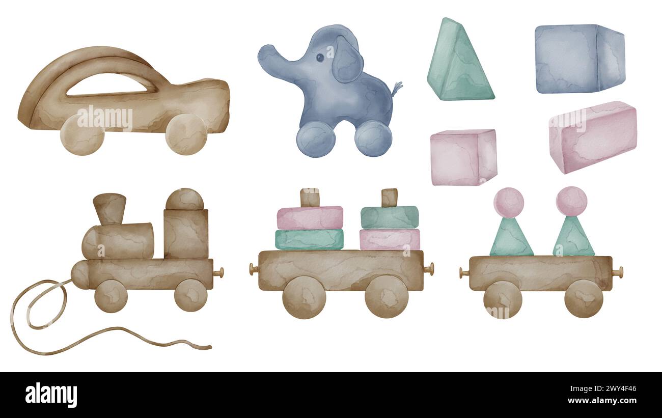 Set with baby wooden toys in neutral colors isolated on white. Car toy, geometric blocks hand drawn. Stacking train toddler toy in pastel colors. Elem Stock Photo
