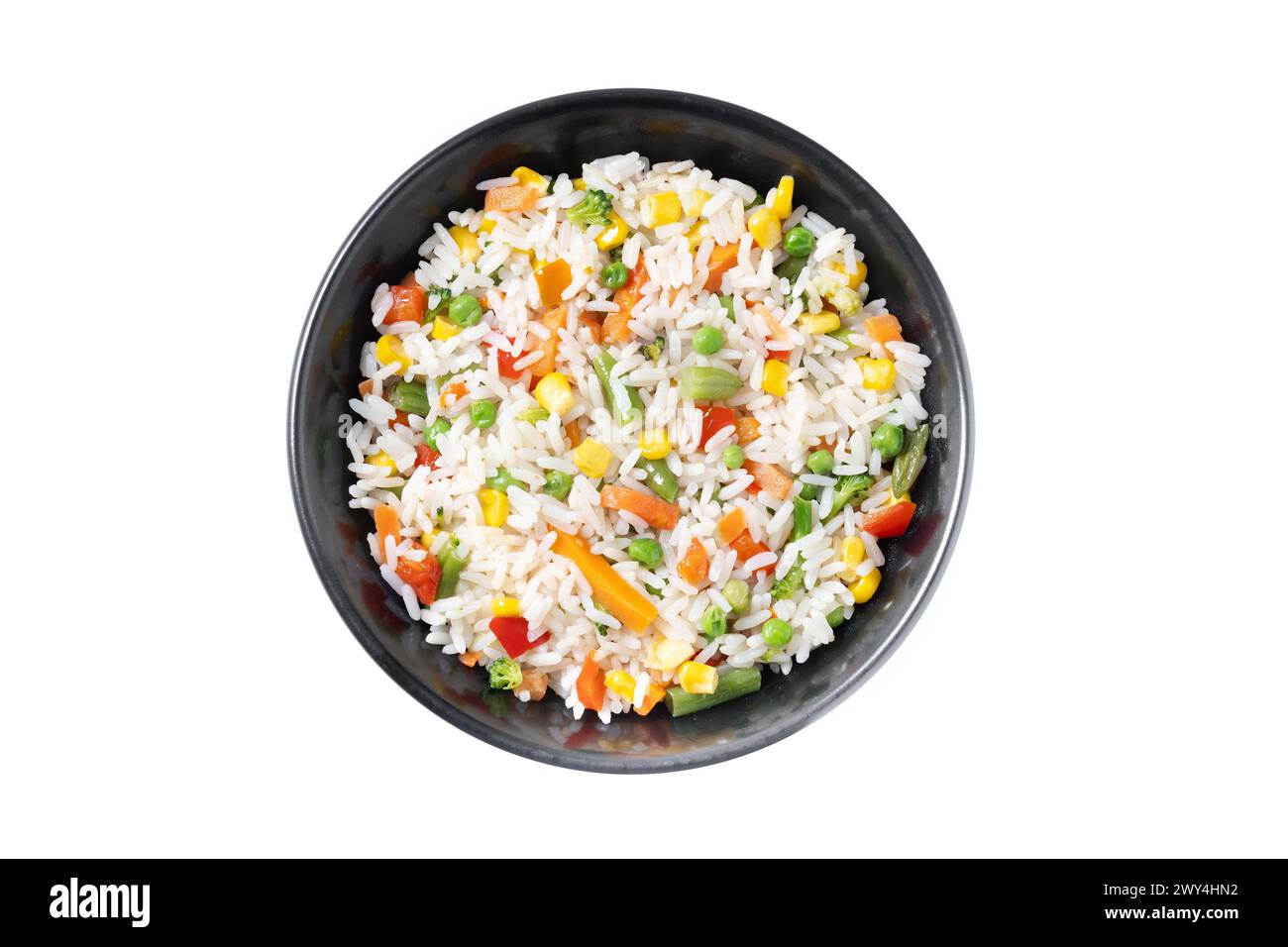 White rice with vegetables in a black bowl isolated on white background