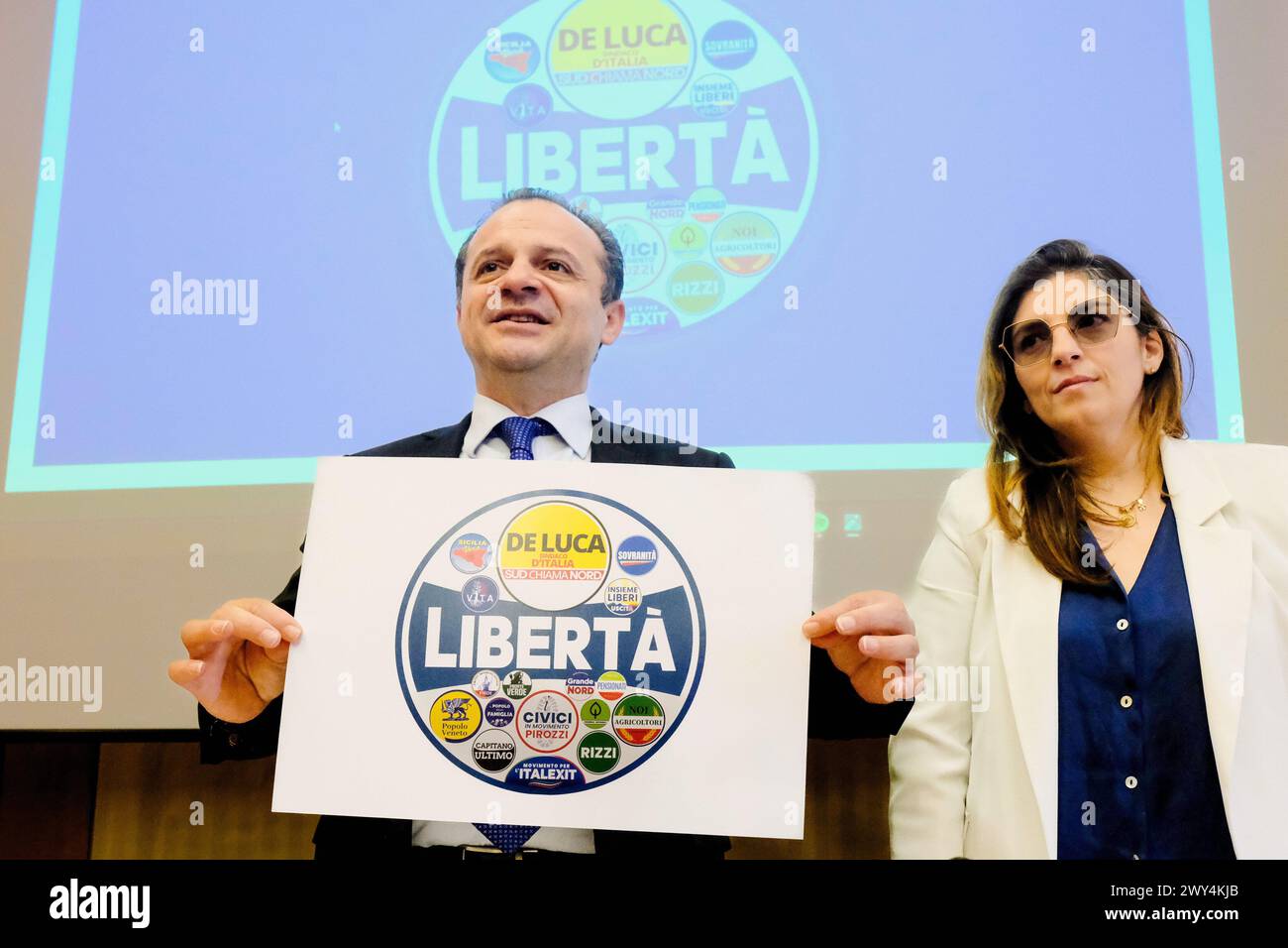 Roma, Italia. 04th Apr, 2024. Il Sindaco di Taormina Cateno De Luca, Laura Castelli presentano