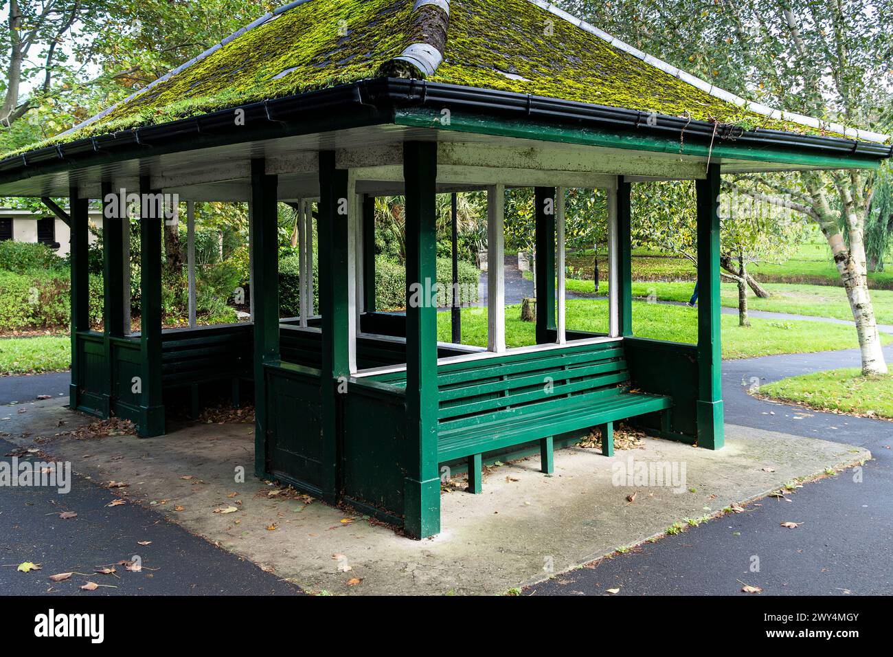 An historic wooden shelter in Trenance Gardens in Newquay in Cornwall in the UK. Stock Photo