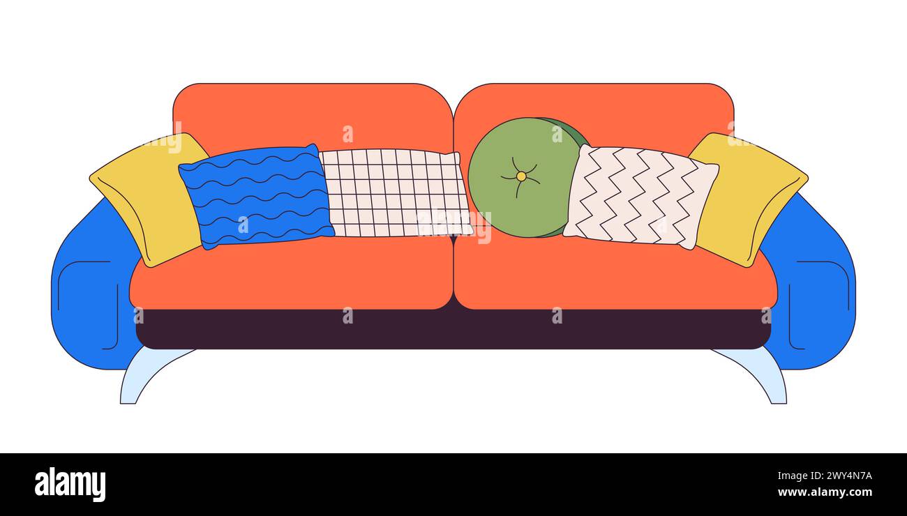 Cozy sofa with various pillows 2D linear cartoon object Stock Vector