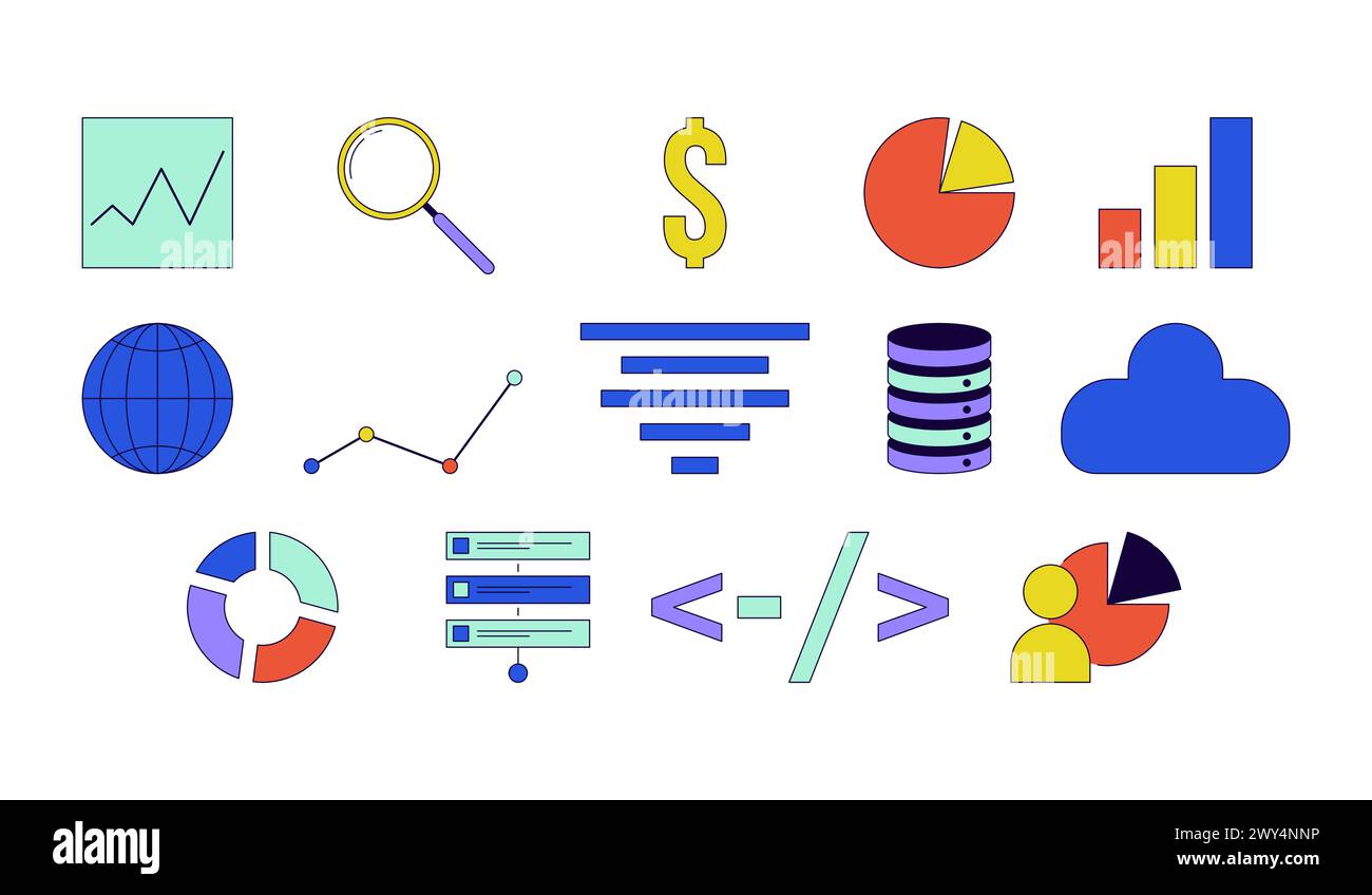 Analytics database management 2D linear cartoon objects set Stock Vector