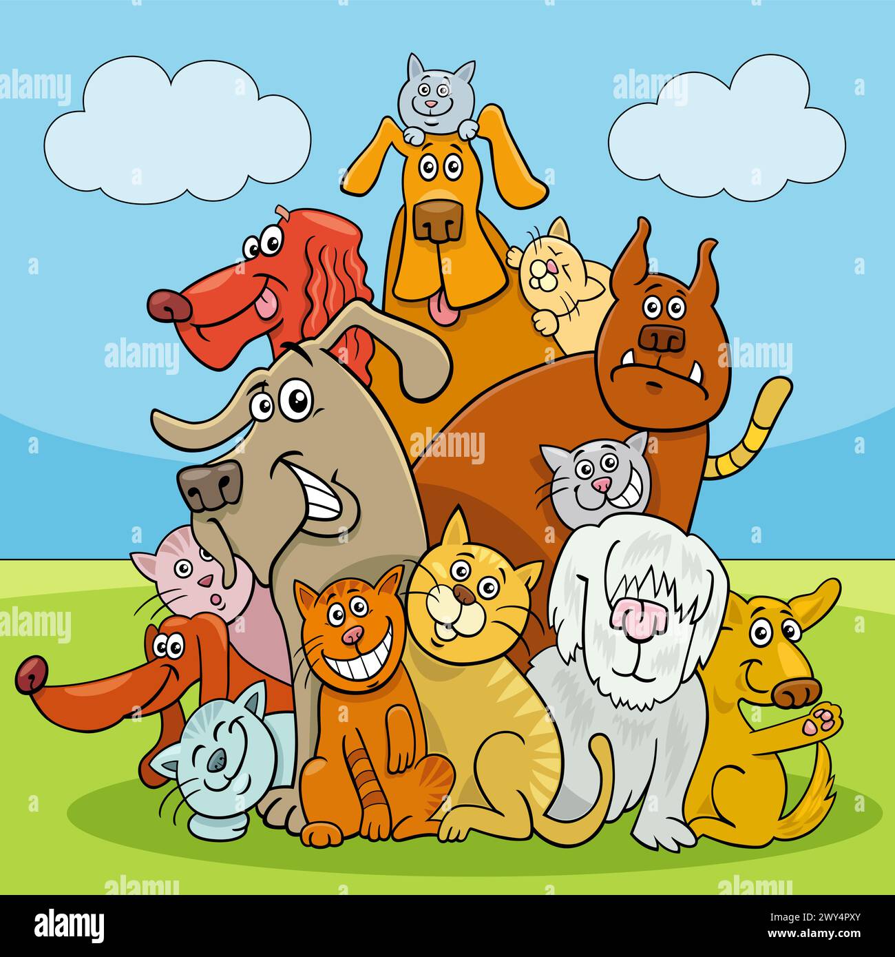 Cartoon illustration of cats and dogs animal characters group Stock Vector