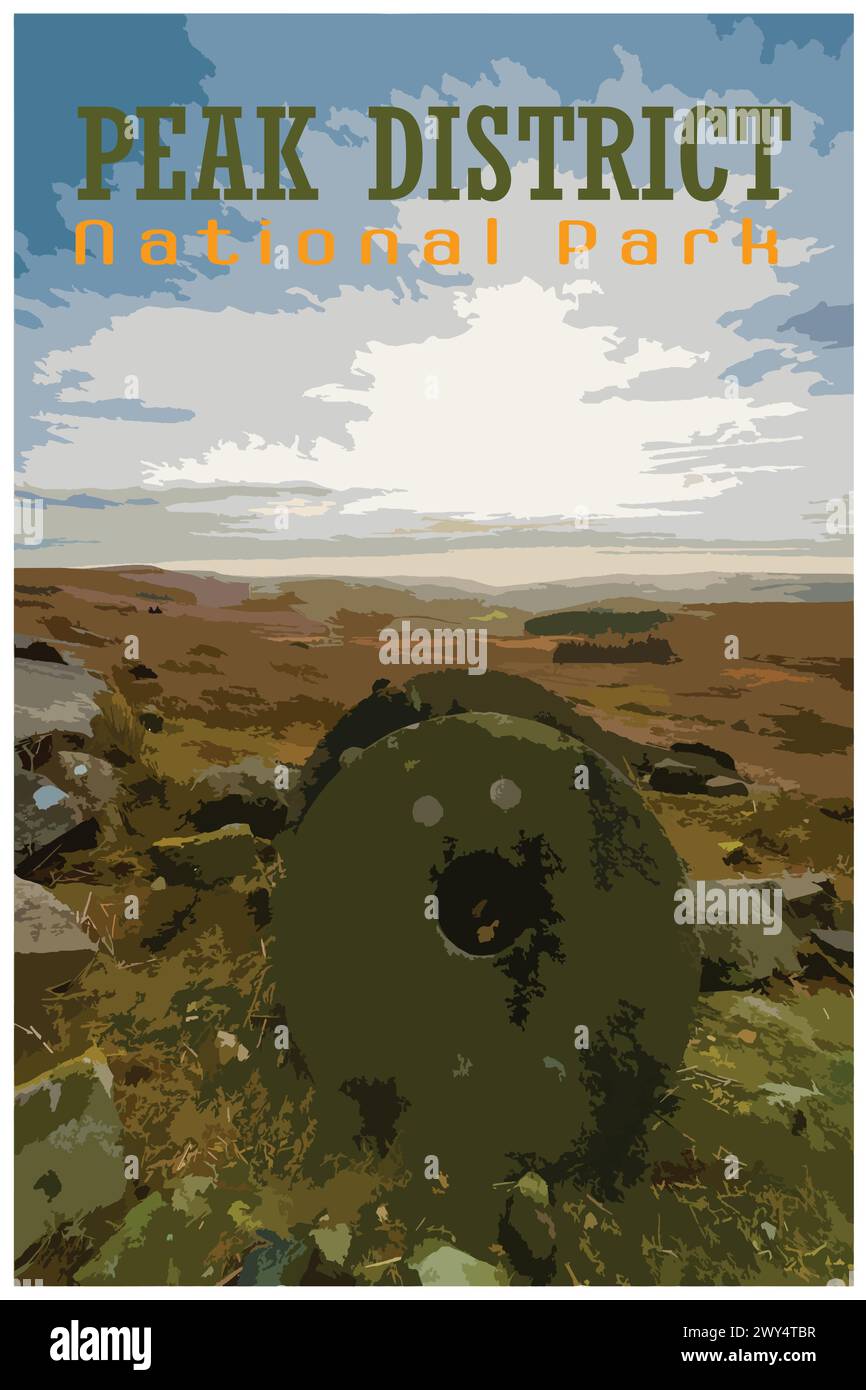 Stanage Edge millstones, Derbyshire nostalgic retro travel poster concept of the Peak District National Park, England, UK in the style of Work Project Stock Vector