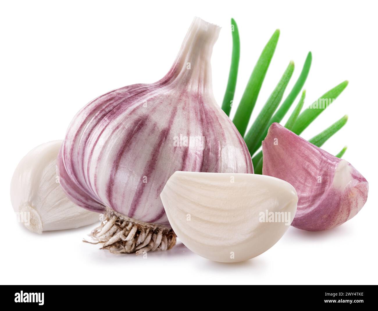 Garlic bulb, cloves and green leaves isolated on white background Stock ...