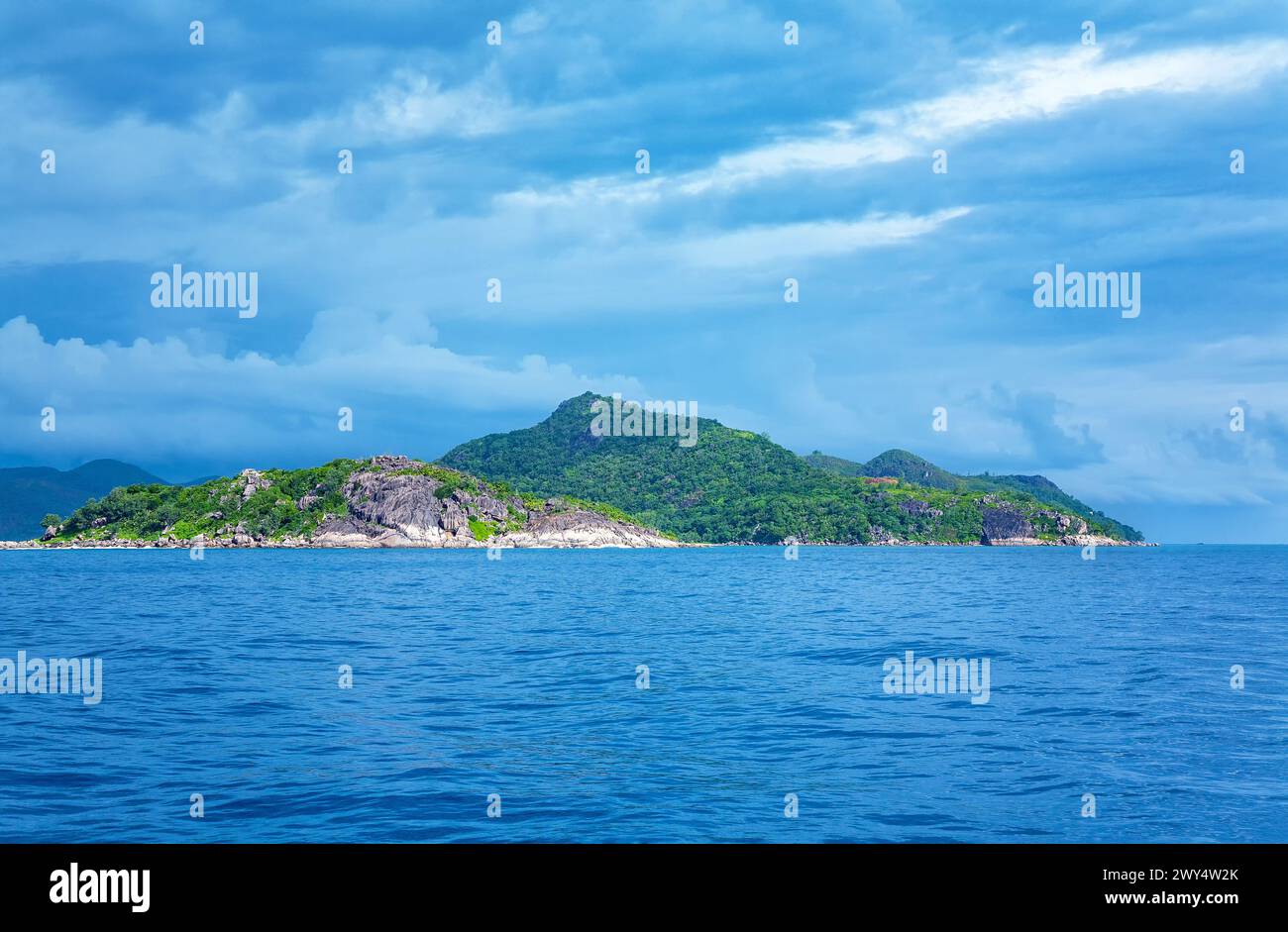 Island Praslin in the background, Indian Ocean, Republic of Seychelles, Africa. Stock Photo