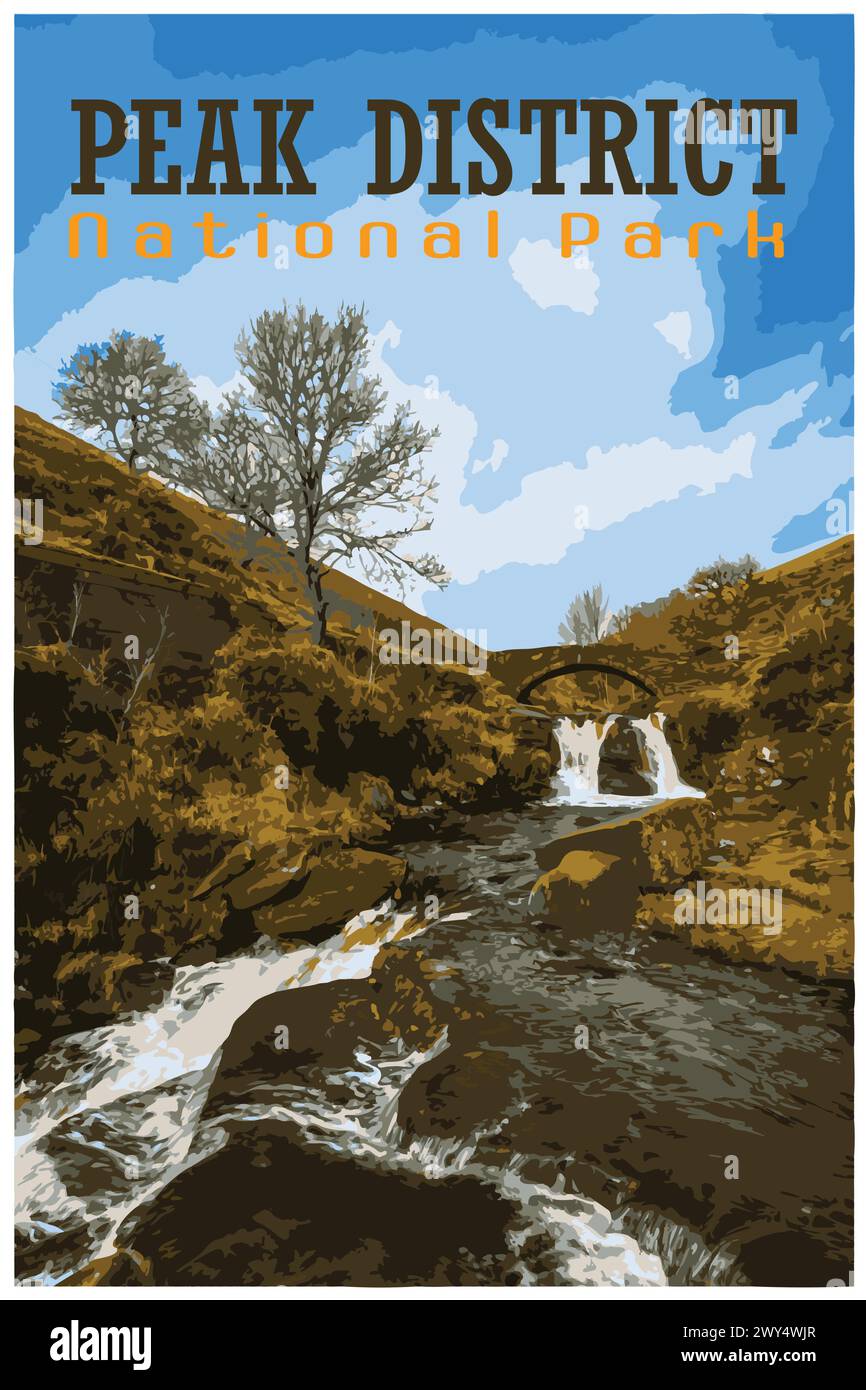 Three Shire Heads nostalgic retro travel poster concept of the Peak District National Park, England, UK in the style of Work Projects Administration. Stock Vector