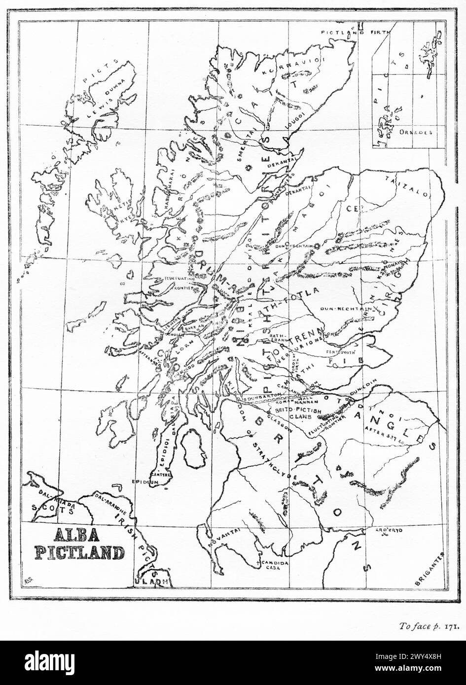 Map of Pictland or Scotland in the 6th Century, from The Pictish Nation by Archibald Scott, 1918 Stock Photo