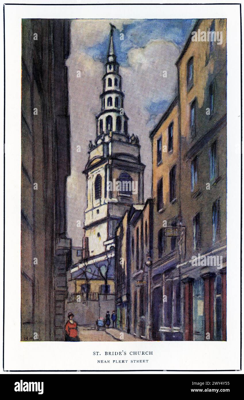watercolour of St Bride's Church near Fleet Street, London , circa 1926 Stock Photo