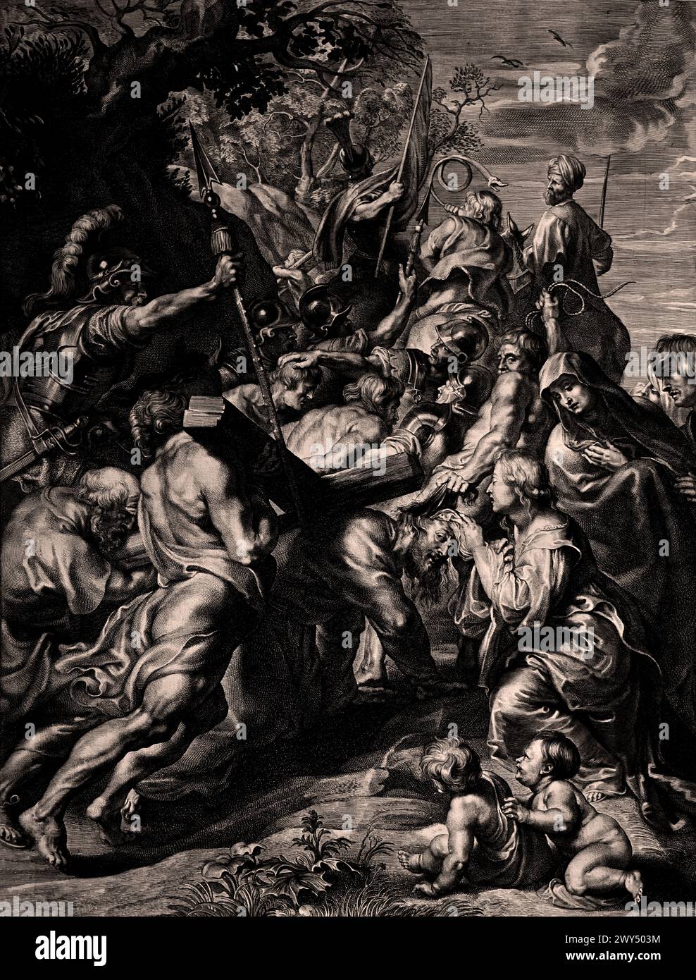 Kruisdraging - Bearing the cross 1632 Peter Paul Rubens,by Paulus Pontius (May 1603 – 16 January 1658) was a Flemish engraver and painter.  He worked with the artists Peter Paul Rubens and Anthony van Dyck Royal Museum of Fine Arts,  Antwerp, Belgium, Belgian. Stock Photo