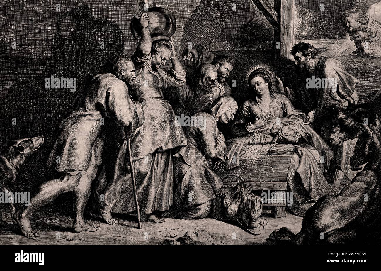 The Adoration of the Shepherds 1629 Lucas Vorsterman (1595–1675) was a Baroque engraver. He worked with the artists Peter Paul Rubens and Anthony van Dyck Royal Museum of Fine Arts,  Antwerp, Belgium, Belgian. Stock Photo