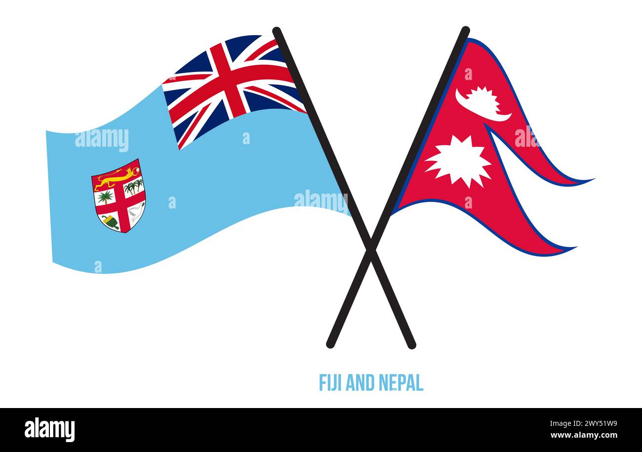 Fiji and Nepal Flags Crossed And Waving Flat Style. Official Proportion. Correct Colors. Stock Photo