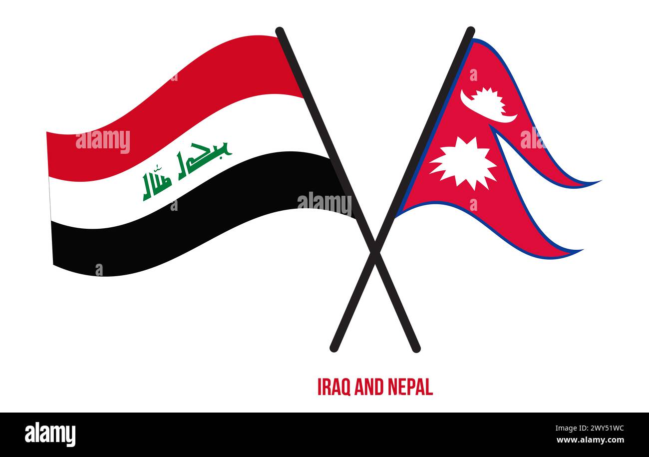 Iraq and Nepal Flags Crossed And Waving Flat Style. Official Proportion. Correct Colors. Stock Photo