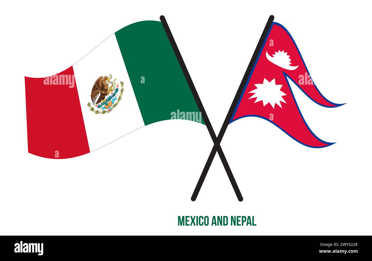 Mexico and Nepal Flags Crossed And Waving Flat Style. Official Proportion. Correct Colors. Stock Photo
